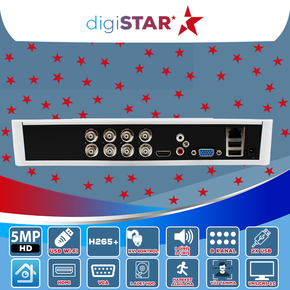 DigiSTAR DVR-2508 8 KANAL H265 AHD 5MP 1080P XME 1SES 1X8 TB DESTEKLİ