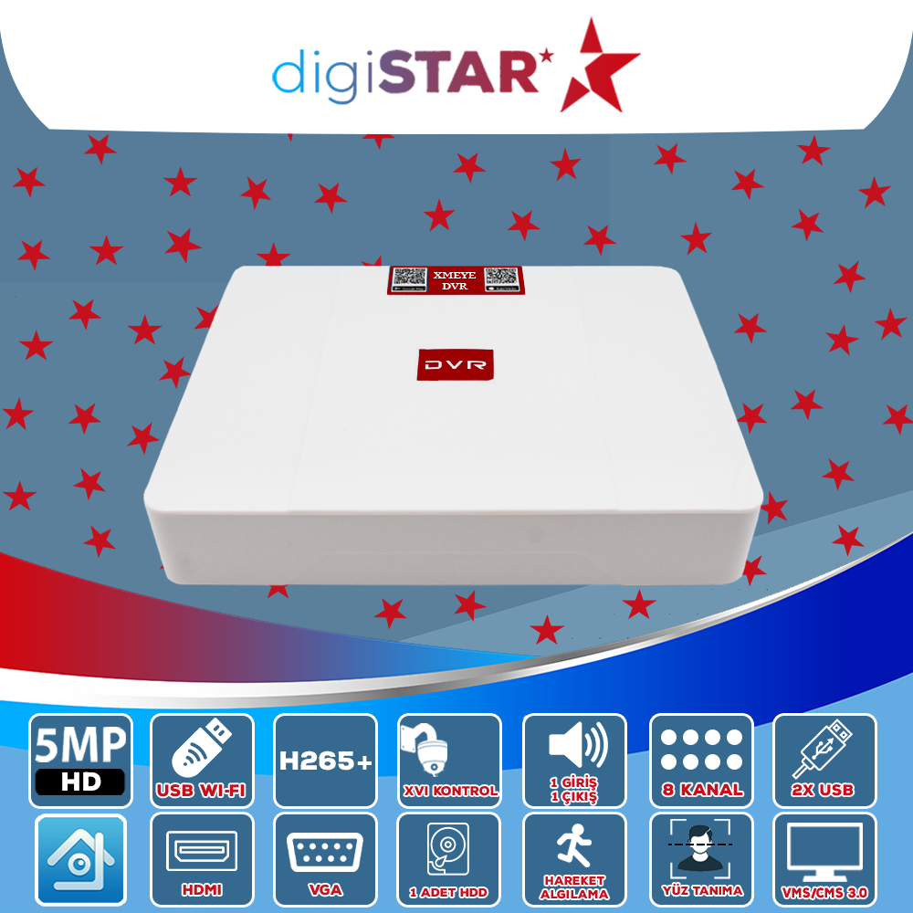 DigiSTAR DVR-2508 8 KANAL H265 AHD 5MP 1080P XME 1SES 1X8 TB DESTEKLİ